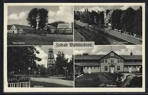 AK Waldliesborn, Kurhaus Lindenhof, Inh. K. Frische, Bohrturm, Badehaus