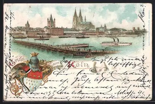 Lithographie Köln, Gesamtansicht mit Hauptbahnhof, Schiffbrücke und Wappen