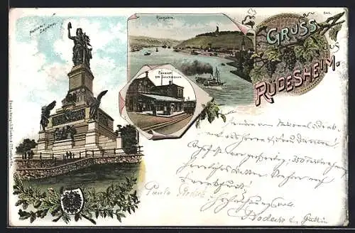 Lithographie Rüdesheim am Rhein, Ortsansicht mit Nationaldenkmal und Bahnhof