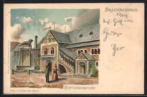 Lithographie Braunschweig, Dankwarderode mit Denkmal