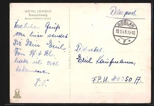 AK Braunschweig, Hotel Lorenz, Besitzer: Wilhelm Lorenz