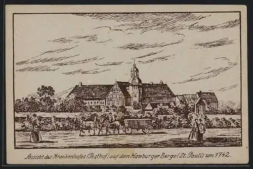 Künstler-AK Hamburg-St. Pauli, Ansicht des Krankenhofes (Pesthof) auf dem Hamburger Berge um 1742