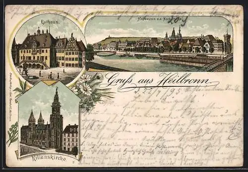 Vorläufer-Lithographie Heilbronn, 1895, Kilianskirche und Rathaus, Blick von der Neckarseite