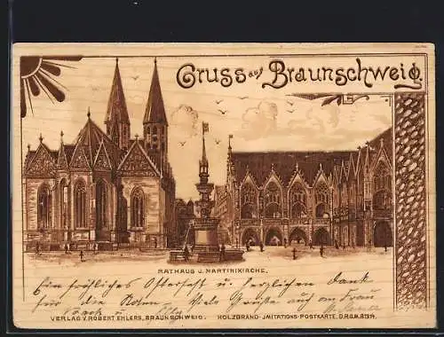 Holzbrand-Imitations-AK Braunschweig, Rathaus und Martinikirche