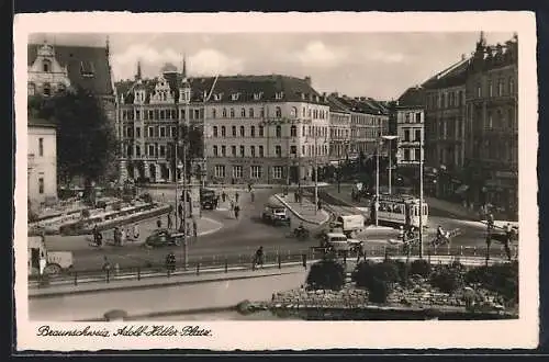 AK Braunschweig, Platz mit Hotel Kaiserhof und Strassenbahn