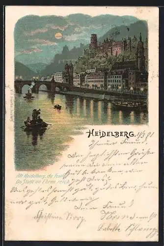 Lithographie Heidelberg / Neckar, Teilansicht mit Brücke und Booten