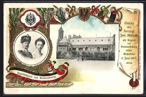 Passepartout-Lithographie Braunschweig, Einzug des Herzogs Joh. Albrecht 1907, Portrait und Wappen