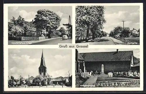 AK Grassel pb. Gifhorn, Geschäftshaus Lütge, Kirche, Kriegerdenkmal
