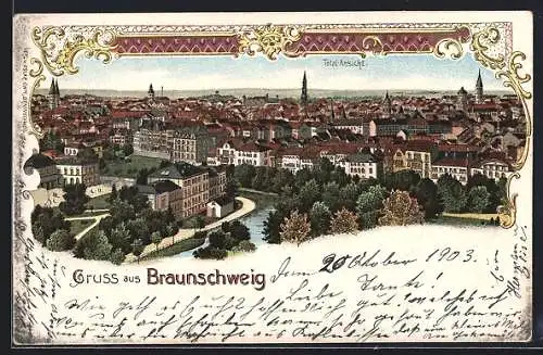 Goldfenster-AK Braunschweig, Stadtansicht mit leuchtenden Fenstern