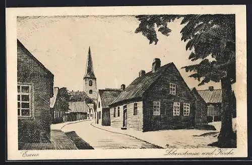 Künstler-AK Esens, Lilienstrasse und Kirche