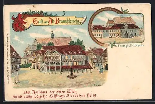 Lithographie Braunschweig, Ortspartie mit Rathaus & Lessings Sterbehaus