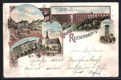 Lithographie Reichenbach / Vogtland, Marktplatz, Bürgerschule und Glötzschtalbrücke