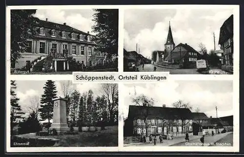 AK Küblingen /Schöppenstedt, Geschäftshaus W. Steckhan, Rittergut, Kirche, Ehrenmal