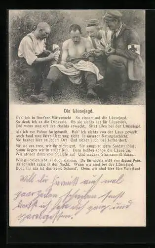 AK Soldatengruppe mit Sanitäter beim Entlausen, Gedicht Die Läusejagd