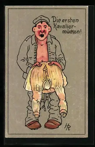 Künstler-AK sign. H. Reinhardt: Soldat mit nackter Brust hält Hemd, `Die ersten Kavaliermücken`