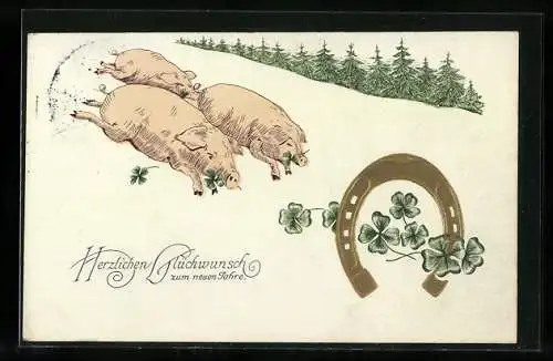 Präge-AK Drei Schweine rennen im Schnee, Hufeisen und Glücksklee, Neujahrsgruss