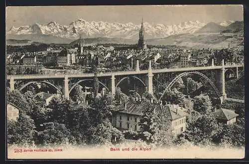 AK Bern, Ortsansicht mit Brücke und Alpenpanorama