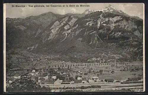 AK St-Maurice /Valais, Vue generale, les Casernes et la Dent de Morcles