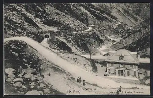 AK Schöllenen, Bergstrasse mit Restaurant und Tunnel aus der Vogelschau