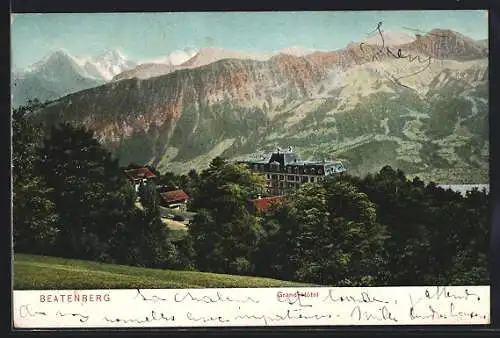 AK Beatenberg, Grand-Hotel mit Umgebung und Bergpanorama aus der Vogelschau