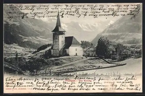 AK Frutigen, Kirche mit Umgebung und Bergpanorama