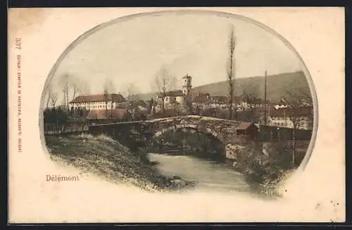AK Délémont, Uferpartie mit Schloss und Brücke