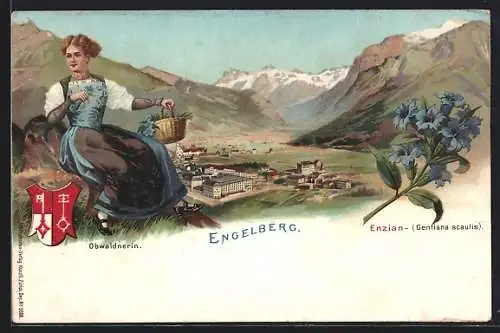 Lithographie Engelberg, Obwaldnerin in Tracht, Enzian, Wappen