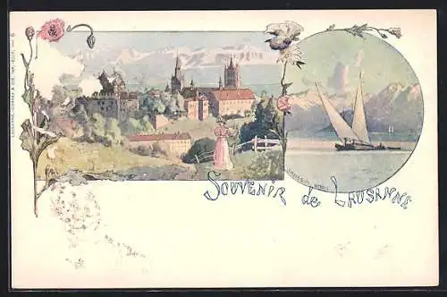 Künstler-AK Lausanne, Ortspartie mit Frau, Segelboote