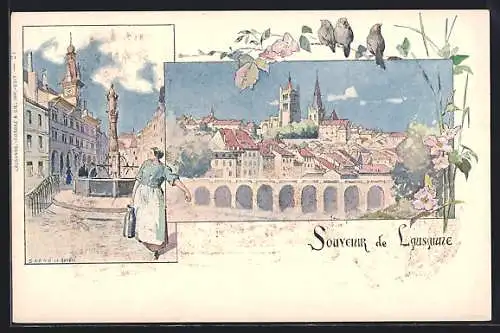 Lithographie Lausanne, Teilansicht mit Kirche, Brunnen