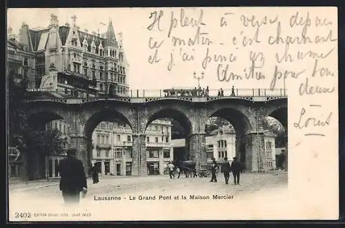 AK Lausanne, le grand pont et la maison Mercier, vue prise d`en bas, un attelage, trois hommes
