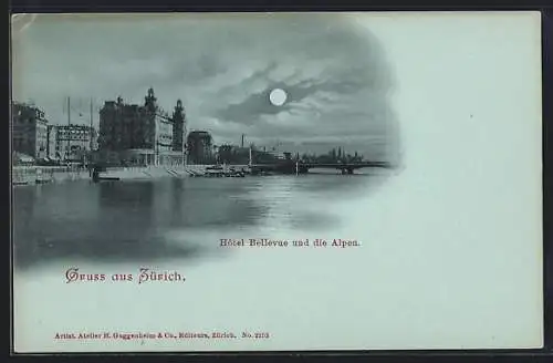 Mondschein-AK Zürich, Hotel Bellevue und die Alpen