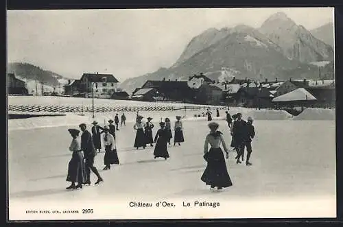 AK Chateau d`Oex, Le Patinage, Schlittschuhläufer vor dem Ort