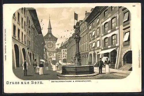 Lithographie Bern, Zeitglockenturm & Bärenbrunnen