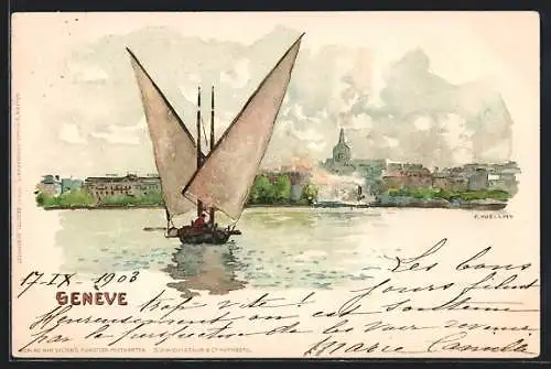 Künstler-Lithographie Fritz Voellmy: Genève, Segelboot vor dem Ort
