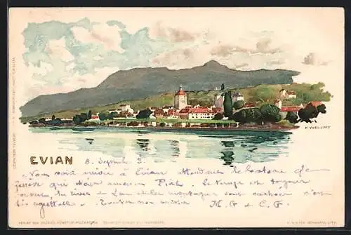 Künstler-Lithographie Fritz Voellmy: Evian, Totale des Ortes
