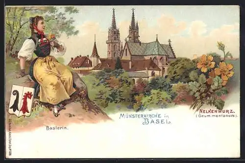 Lithographie Basel, Münsterkirche, Nelkenwurz, Geum montanum, Baslerin mit Wappen