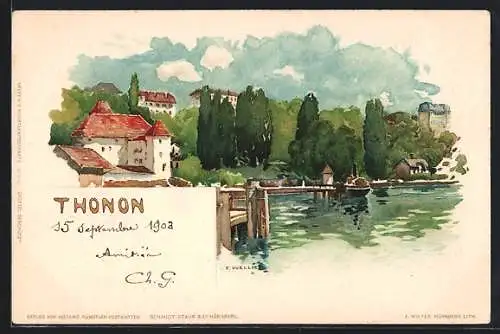 Künstler-AK Fritz Voellmy: Thonon, Ortsidylle am Ufer