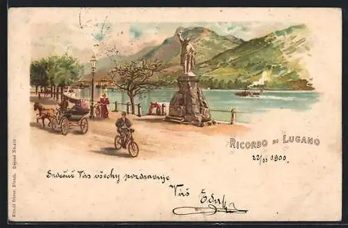 Lithographie Lugano, Strassenpartie am Wasser, Kutsche, Dampfer