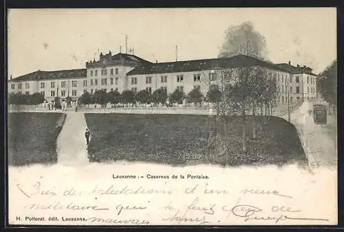 AK Lausanne, Casernes de la Pontaise, Kaserne m. Strassenbahn