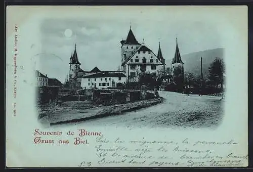 Mondschein-AK Biel, Ortspartie mit Brücke