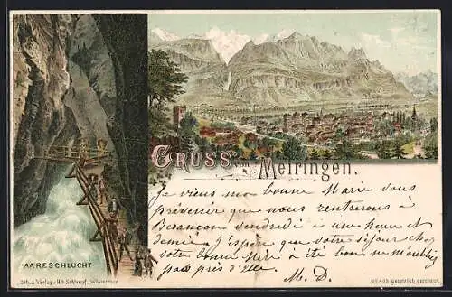 Lithographie Meiringen, Blick über den Ort, Wanderer an der Aareschlucht