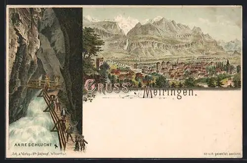 Lithographie Meiringen, Blick über den Ort, Wanderer an der Aareschlucht