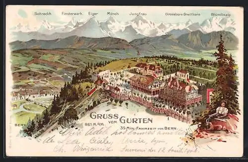 Lithographie Gurten, Gasthaus auf dem Gurten mit Bergpanorama