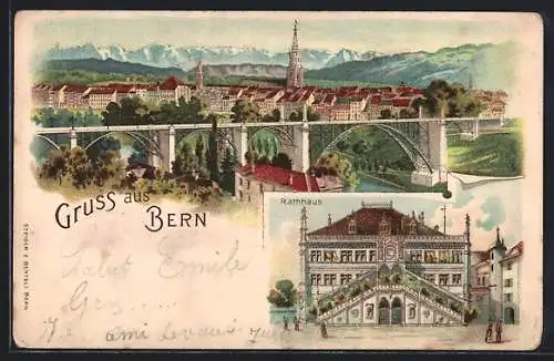 Lithographie Bern, Totalansicht mit Brücke, Rathaus