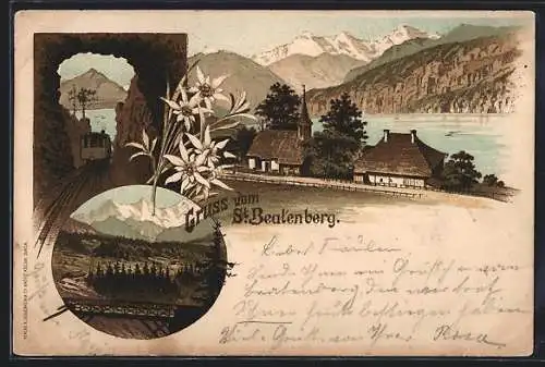 Lithographie St. Beatenberg, Ortspartie mit Gewässer, Bahn