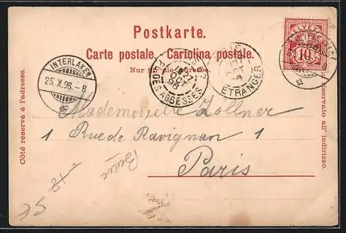 Lithographie St. Beatenberg, Ortspartie mit Gewässer, Bahn