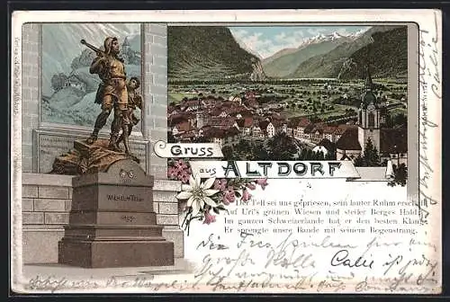Lithographie Altdorf, Wilhelm Tell-Statue und Ortsansicht