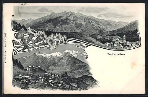 AK Tschiertschen, Ortsansicht mit Berglandschaft
