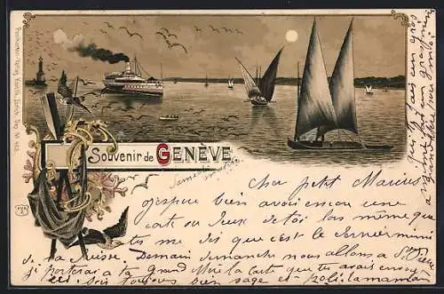 Lithographie Genève, Dampfer und Segelboote auf dem Genfer See