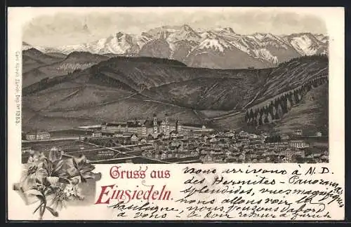 Lithographie Einsiedeln, Ortsansicht mit Kloster und den Alpen aus der Vogelschau